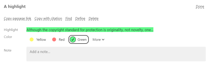 A modal displaying options for highlighted text_ including changing its color_ a text box for adding a note_ and options to copy passage link_ copy with citation_ find_ define_ or delete