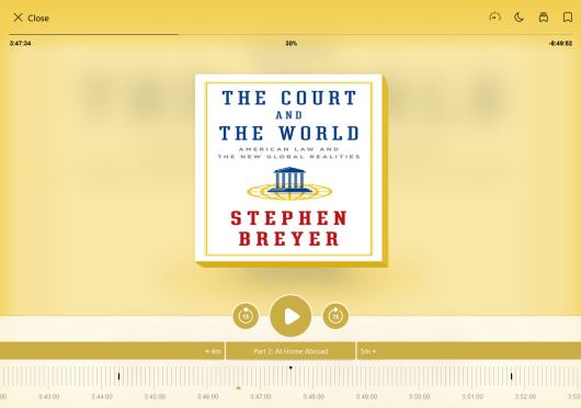 Image of the audibook player_ which includes the title cover image_ a timeline indicating your position in the title_ and playback controls.