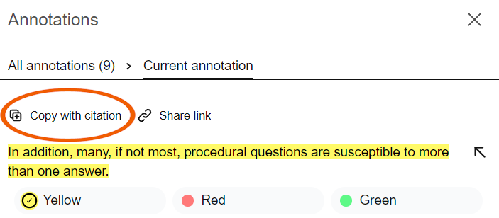 Available options for editing a selected annotation in the reader_ with "Copy with citation" circled for emphasis