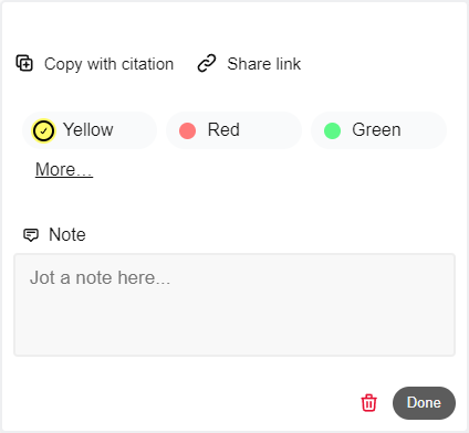A modal displaying options for highlighted text_ including changing its color_ a text box for a note_ and options to copy passage link_ copy with citation_ or delete