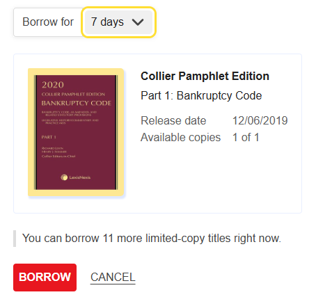 Modal displaying lending period options_ the title's cover image_ the remaining number of titles you can borrow_ and choices to borrow or cancel