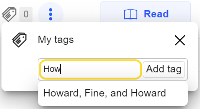 The My tags search modal on a title details page. Example search terms and autocomplete suggestions are visible.